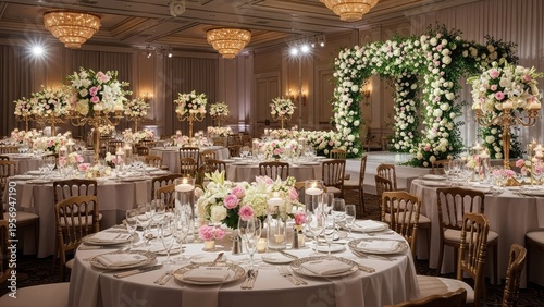 A luxurious wedding reception with beautifully decorated tables and floral arrangements