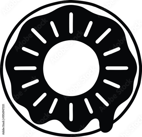 A black and white illustration of a glazed donut with sunburst design