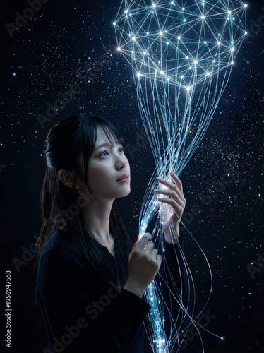 Young woman holds futuristic fiber optic network under cinematic starlight concept