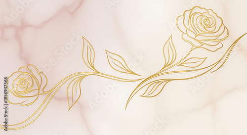 Liquid Gold Floral Line Art on Marbled Pink Background - Elegant Rose Abstract, Luxury Creative Pattern