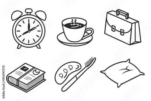 Black and white of morning routine alarm clock coffee