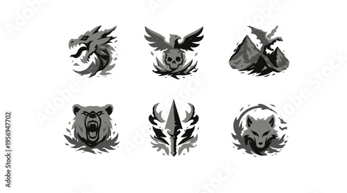 Display of Six Black-and-White Animal Head Logos Featuring Lion, Eagle, Wolf, Bear, and Tiger in a Studio Portrait Arrangement