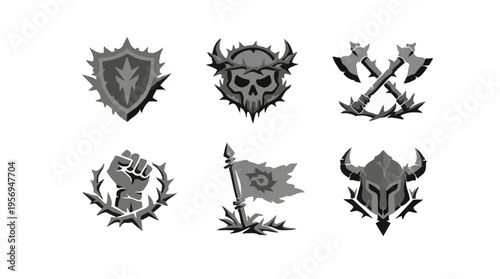 Viewing a retro pixel art set of six fantasy icons featuring a shield, skull, crossed axes, raised fist and horned helmet on a plain backdrop