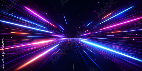 Futuristic Neon Speed Tunnel with Glowing Light Trails and Digital Grid Perspective – High Tech Data Stream Abstract Background. Vector Illustration.