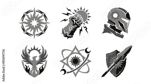 Displaying six bold black‑and‑white symbols—starburst, fist, helmet, phoenix, atom—arranged in two rows on a plain background from a frontal view