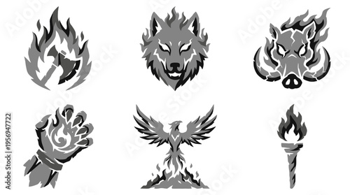 View of six grayscale illustrations arranged in two rows, featuring flame, wolf, boar, hand, bird and torch symbols on white background