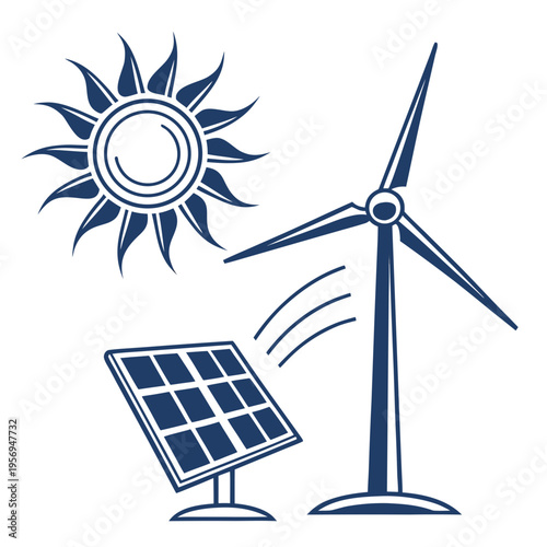 Renewable energy sources with solar panel and wind turbine blue