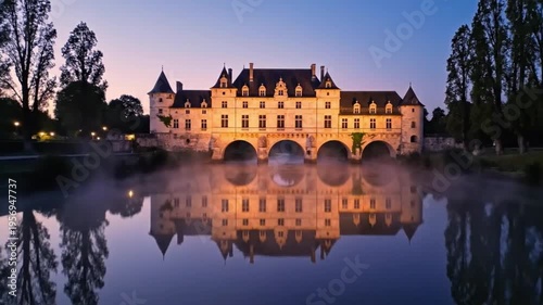 Chateau de chenonceau at dawn with fog over cher river scenic view in loire valley france