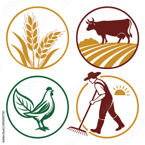 Colorful farm in circles with various imagery agriculture farmer