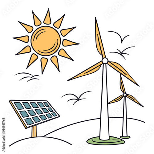 Solar power generation with wind turbines and sun solar panel renewable energy