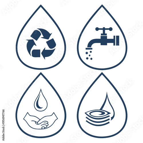 Water conservation and recycling symbols in droplets