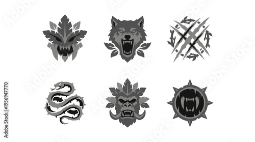 Intense Gray Symbol Set Featuring Wolf Heads, Lion Head, Snake Dragon, Crossed Arrows and Spiked Chalice Circle – Front View on Plain White Surface