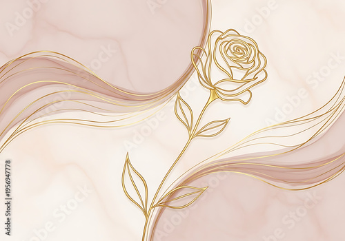 Liquid Gold Floral Line Art on Marbled Pink Background - Elegant Rose Abstract, Luxury Creative Pattern