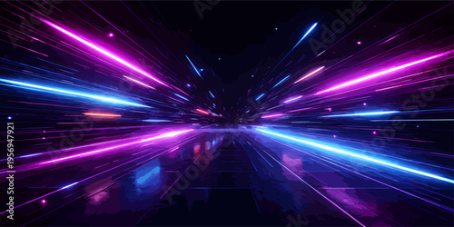 Futuristic Neon Speed Tunnel with Glowing Light Trails and Digital Grid Perspective – High Tech Data Stream Abstract Background. Vector Illustration.