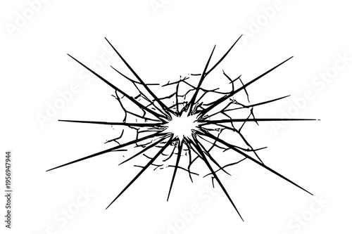 Sharp black shattered glass explosion crack with long fractured lines, suited for impact effects, broken window symbols, action graphics, and damage related visual concepts.