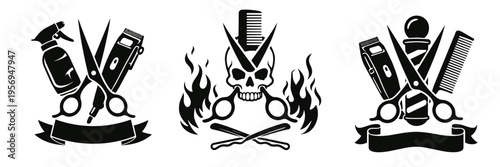 Black barber icon set with spray bottle, clippers, comb, scissors, ribbon badge and flaming skull motif. Edgy salon collection for logos, tattoo style labels and branding.