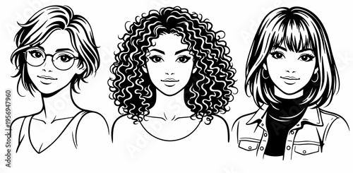 Black and white vector collection of three female portraits featuring glasses, curly hair and bob haircut. Beauty salon, diversity, hairstyle catalog and avatar set concept.