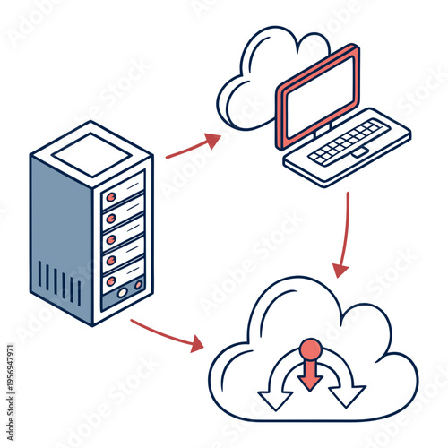 Server and laptop connected to cloud storage connection