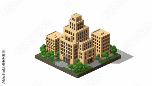 A 3D illustration of a large beige office building complex surrounded by trees on a small patch of land