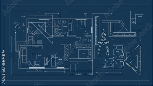 Architectural blueprint drawing of a modern house interior layout plan