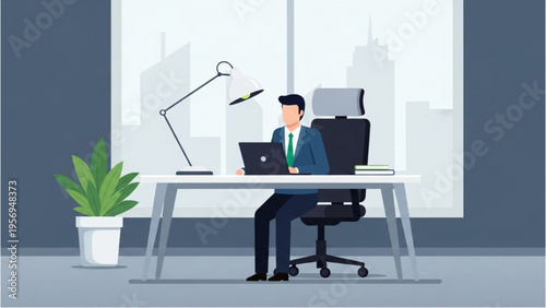 A man works on his laptop sitting at a desk in office
