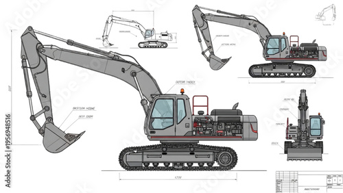 A detailed technical drawing of an excavator machine from multiple angles.