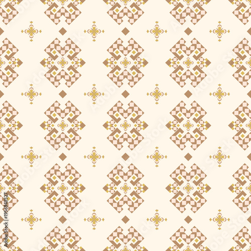 Geometric ethnic pattern seamless with ornamental motifs-inspired in warm beige, brown and soft gold tones. Pattern seamless of geometric diamond, pixel art and flowers. Symmetrical, checkerboard, sty