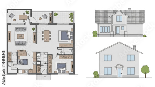 Architects illustrate a modern house with floor plan and exterior views