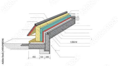 Detailed cross-section illustration of a modern architectural structure with layers and measurements