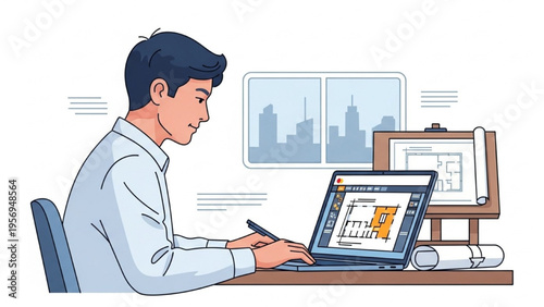 Man working on laptop at desk with graphics nearby indoors
