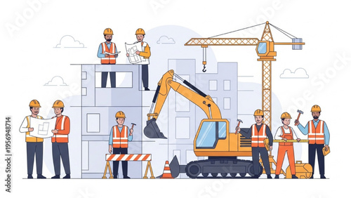 Construction workers operate heavy machinery on a building site with crane