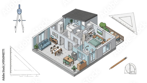 Architects design modern house interior with furniture and tools