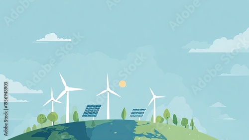 風力発電と太陽光パネルのある地球イメージ クリーンエネルギー環境イラスト背景素材