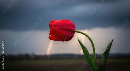 Red Tulip in the Rain - A Dramatic Scene.