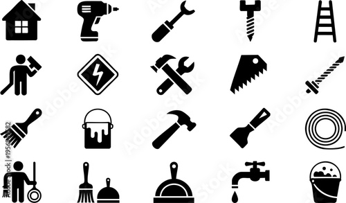 Tools construction vector icons set, repair maintenance equipment symbols