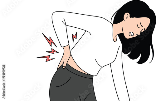 Distressed Young Woman Doubled Over in Back Pain, Concept of Spinal Injury, Chronic Lower Backache, Orthopedic Health Issues, and Physical Discomfort Vector Illustration