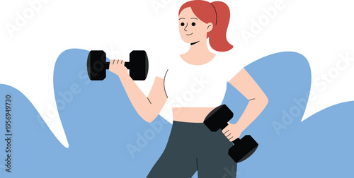 Fit Young Woman Exercising with Dumbbells, Concept of Healthy Lifestyle, Fitness Body Transformation, Strength Training Routine, and Personal Wellness Goal Vector Illustration