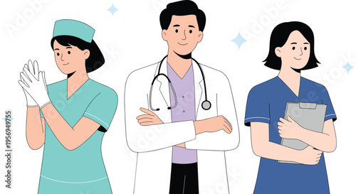 Group of Healthcare Professionals Including  and Nurse, Concept of Medical Teamwork, Hospital Staff Expertise, Comprehensive Patient Care, and Professional Health Services Vector Illustration