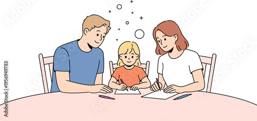 Happy Young Family with a Child Sitting at a Table and Drawing Together, Concept of Parental Support, Creative Education, Early Childhood Development, and Quality Family Time Vector Illustration