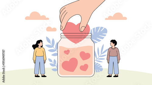 Large Human Hand Placing a Red Heart into a Glass Donation of Voluntary Philanthropy, Collective Charity Fundraising, Social Support Initiatives, and Kindness Community Vector Illustration