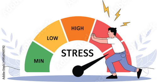 Man Pushing a Stress Meter Gauge from High to Minimum Level, Concept of Stress Management, Mental Health Balance, Psychological Pressure Relief, and Emotional Wellbeing Vector Illustration