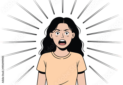 Shocked Young Woman with Mouth Open and Expressive Face, Concept of Unexpected News, Outraged Emotion, Deep Surprise, and Strong Human Reaction Vector Illustration