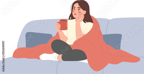 Sad Young Woman Wrapped in a Warm Blanket Sitting on a Sofa and Drinking Tea, Concept of Seasonal Illness, Flu Symptoms, Home Recovery, and Mental Loneliness Vector Illustration