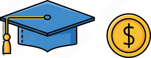 Blue graduation cap with gold tassel next to a golden dollar coin, symbolizing education costs and financial investment in learning.