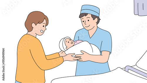 Smiling Father Receiving Newborn Baby from Doctor in Hospital, Concept of New Life Celebration, Paternity Joy, Professional Obstetric Care, and First Meeting with Infant Vector Illustration