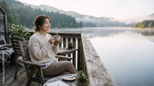 Authentic Asian woman enjoys coffee looking at scenic lakeside in morning light
