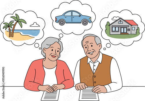 Smiling Senior Couple Planning Future Retirement, Concept of Financial Security for Elderly, Dreaming of Travel and Real Estate Investment, and Pension Fund Management Vector Illustration
