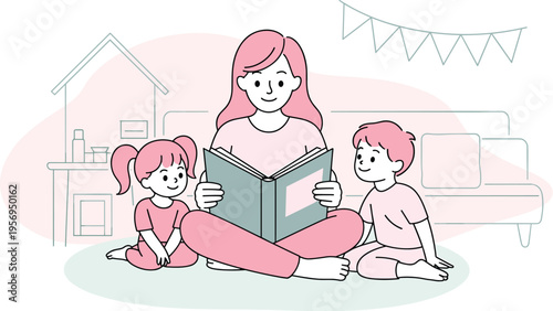 Smiling Young Mother Sitting on the Floor and Reading a Storybook to her Son and Daughter, Concept of Early Childhood Education, Family Bonding, Home Learning, and Parental Care Vector Illustration