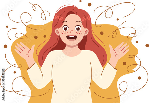 Surprised Young Woman with Freckles and Red Hair Gesturing with Hands, Concept of Sudden Amazement, Great News, Unexpected Discovery, and Emotional Excitement Vector Illustration