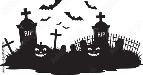 Halloween graveyard scene with pumpkins and bats at night